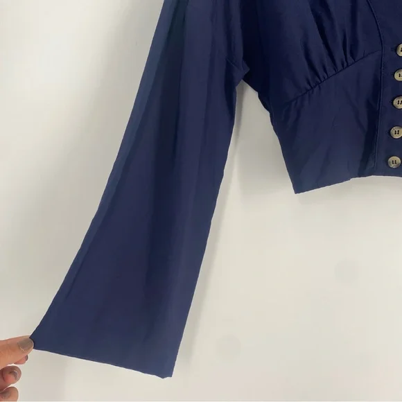 FREE PEOPLE Forever Yours Long Sleeve Button Front V-Neck Blue Cropped Top - Picture 5 of 8